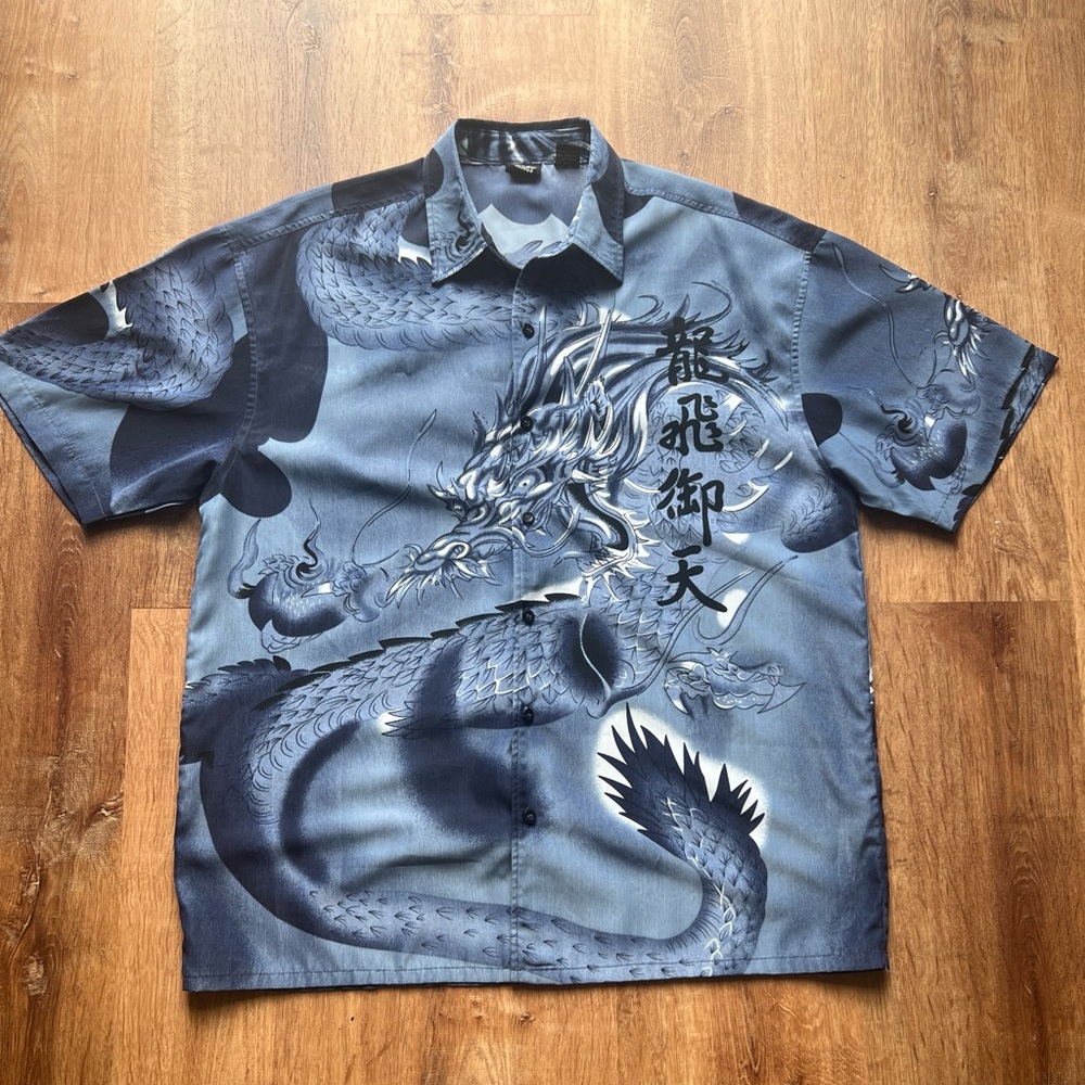 Vintage 90s Y2K Amplify Dragon Button Up Shirt Mens Large L Blue Hip Hop
